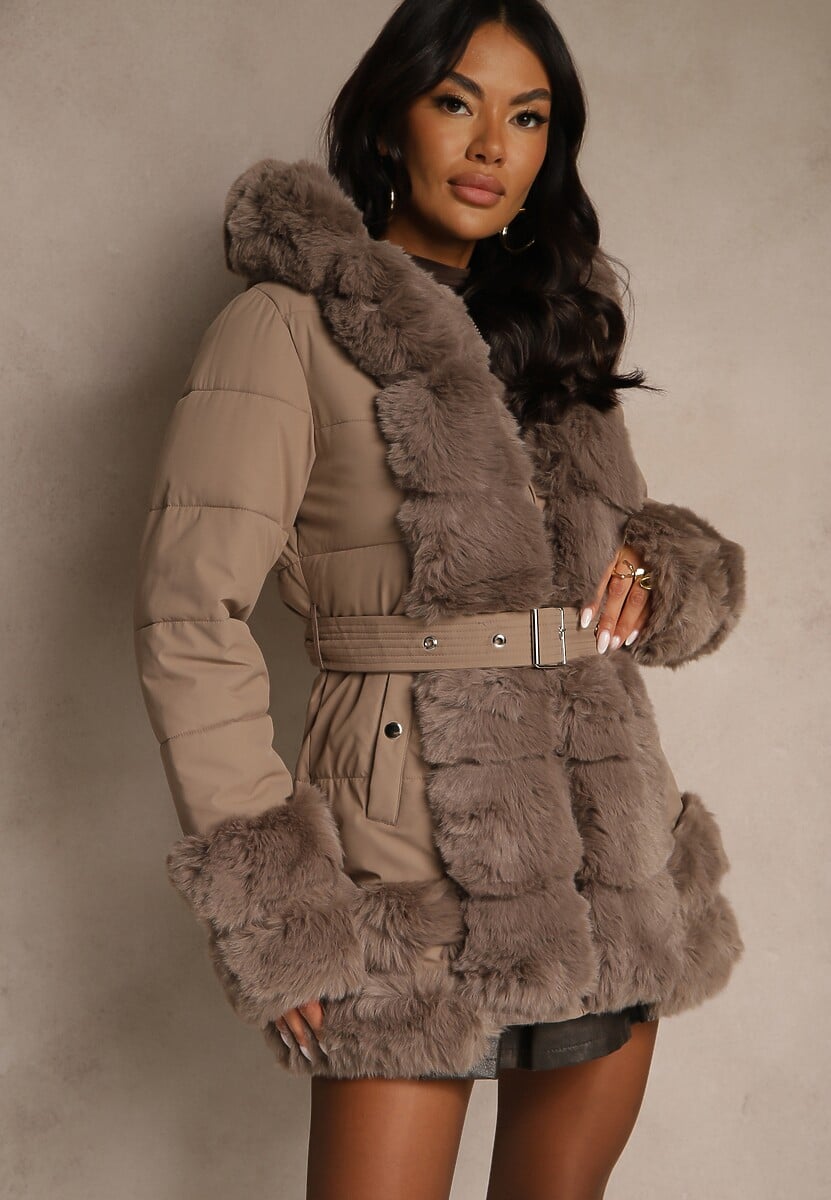 Ciemnobeżowa Kurtka o Taliowanym Kroju z Paskiem Kapturem i Futerkiem Ranalia 3