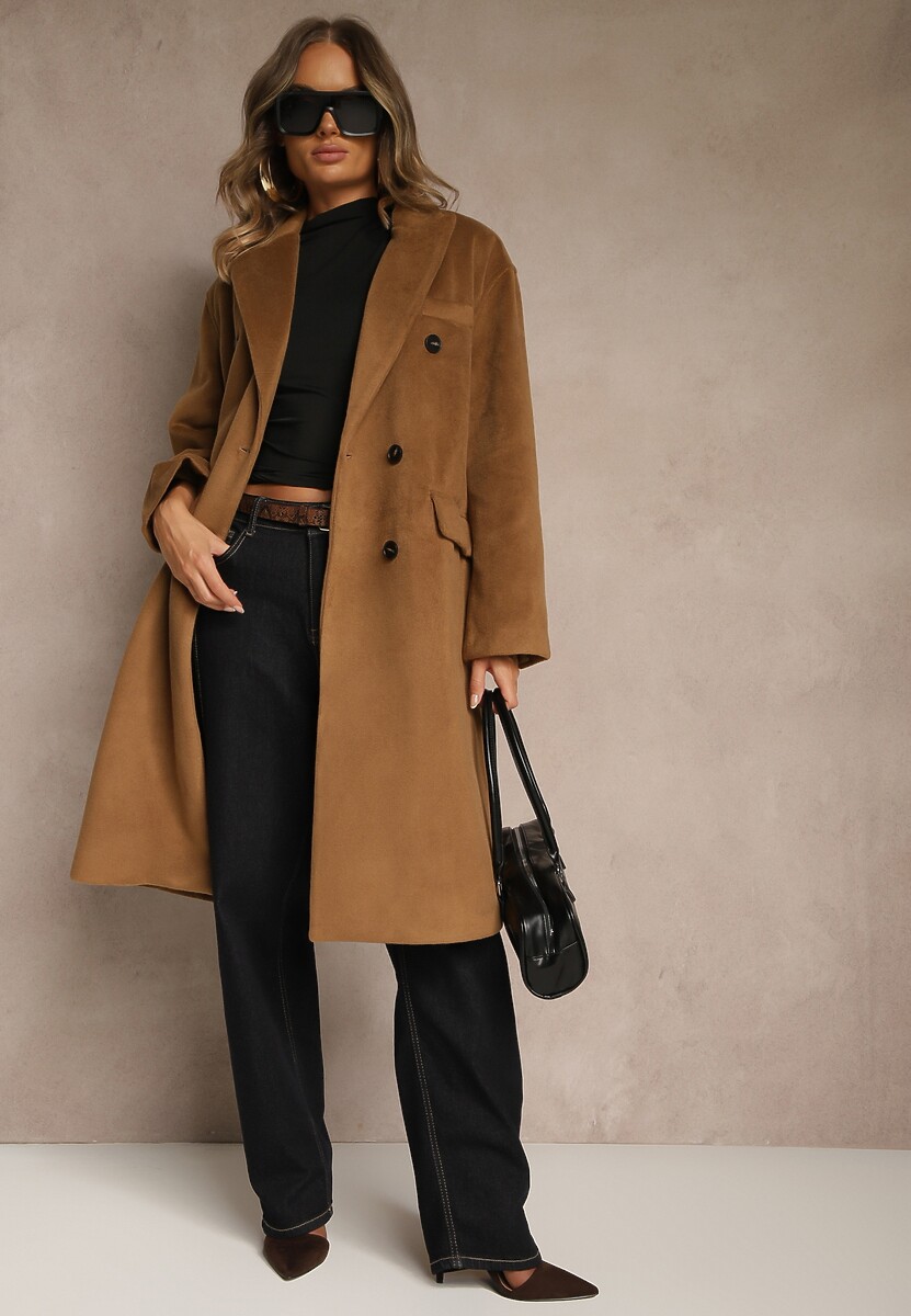 Brązowy Klasyczny Płaszcz Dwurzędowy z Kieszeniami Tereti 1