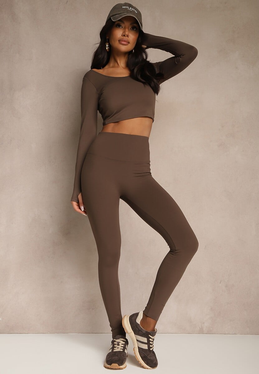 Brązowe Legginsy High Waist Ozdobione Przeszyciem Belanessa 1