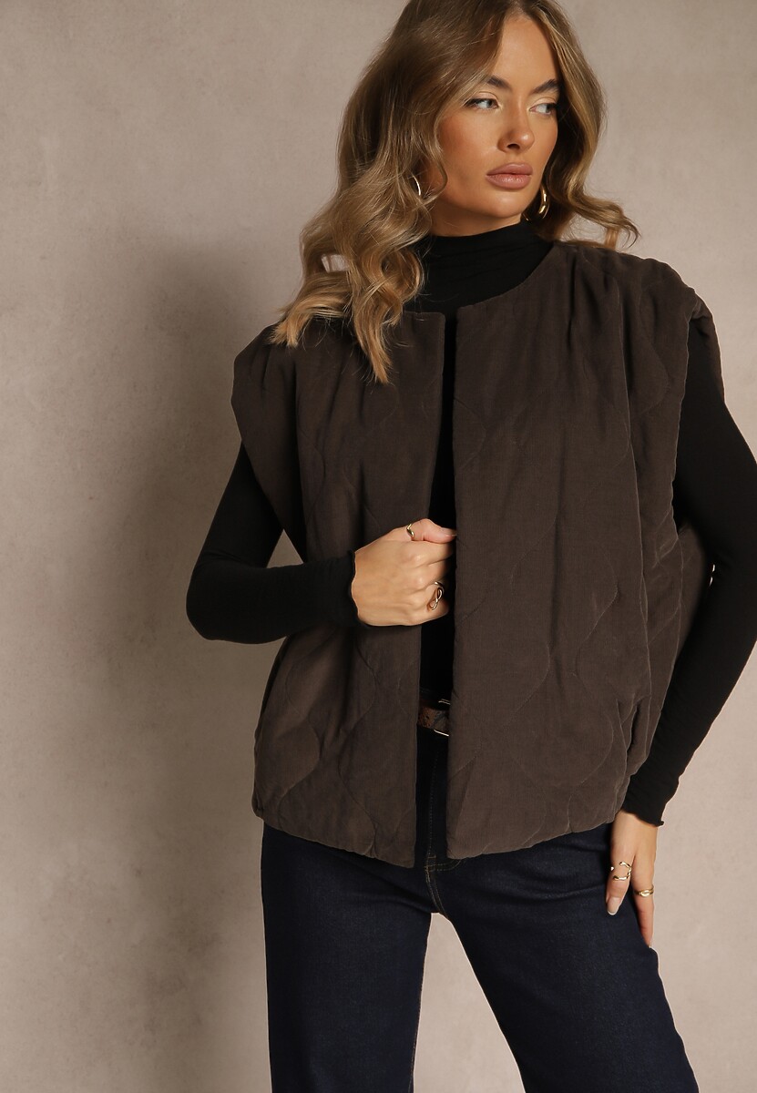 Brązowa Sztruksowa Kamizelka z Bawełny Bez Zapięć Tisanna 1