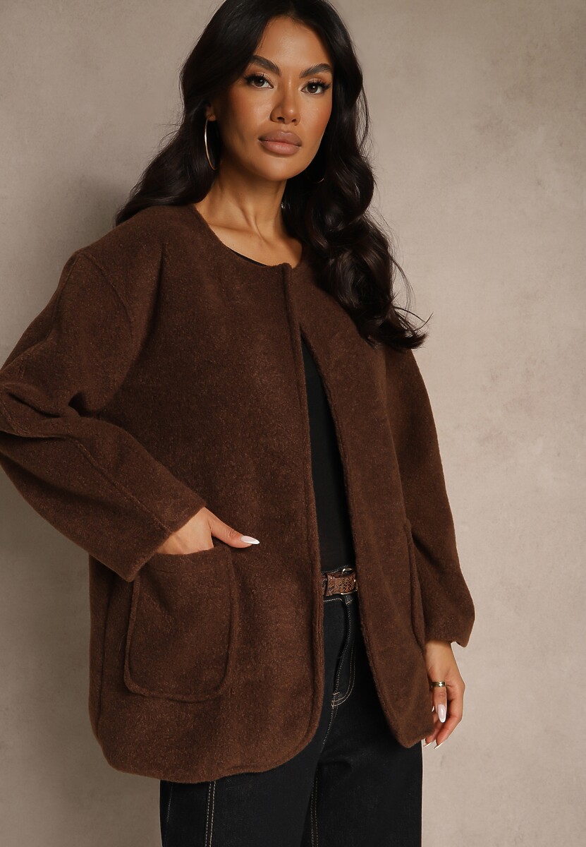 Brązowa Kurtka o Pudełkowym Kroju Bez Zapięć z Kieszeniami Unilda 3