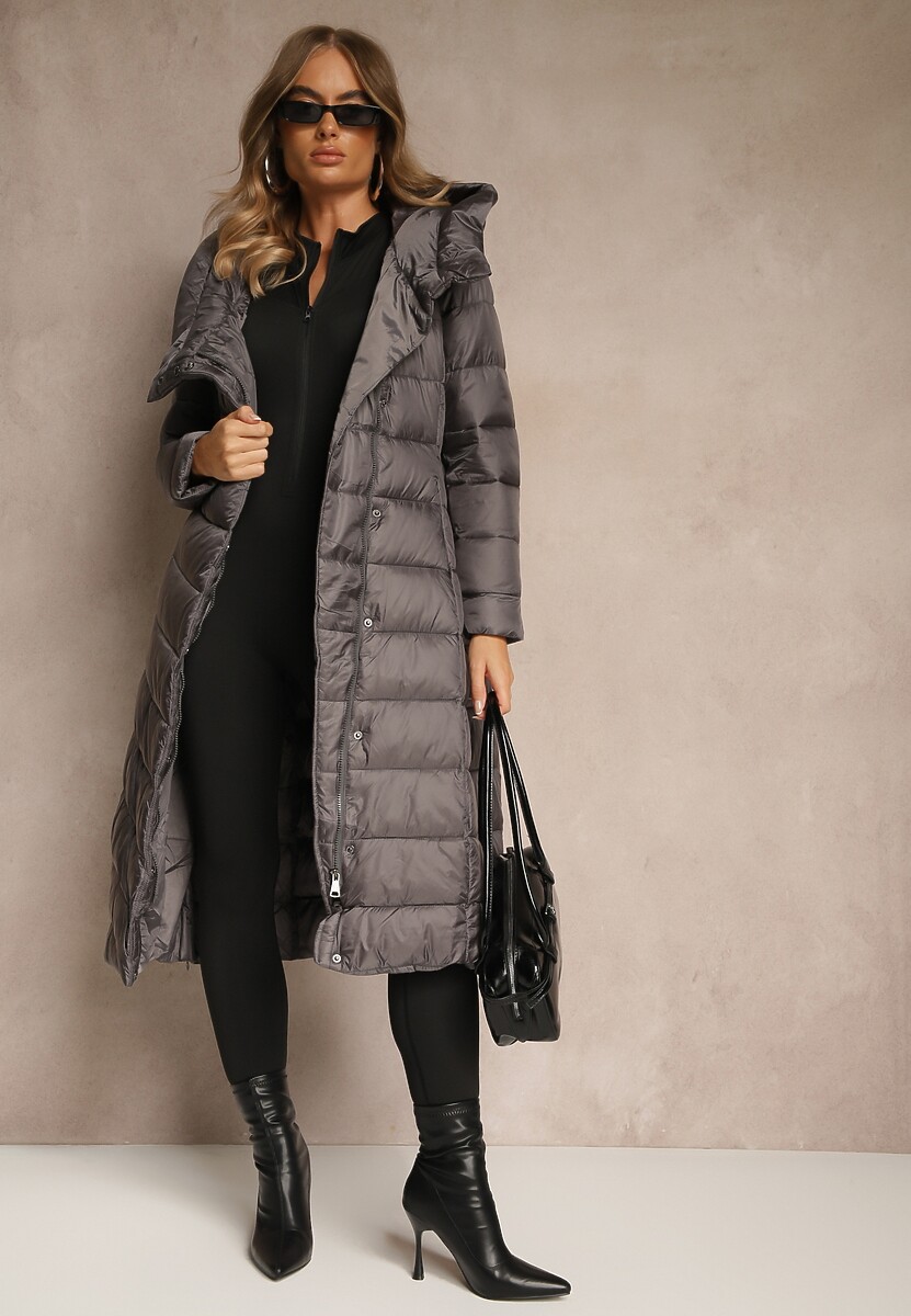 Szara Długa Kurtka Płaszcz z Pikowaniem i Kapturem Tittonna 3