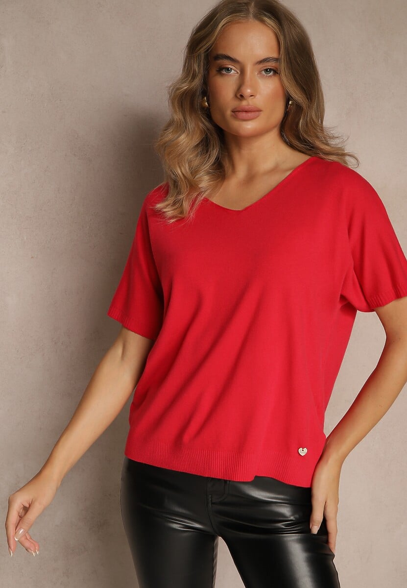 Czerwony T-shirt z Dzianiny z Dekoltem w Serek Fenalise 1