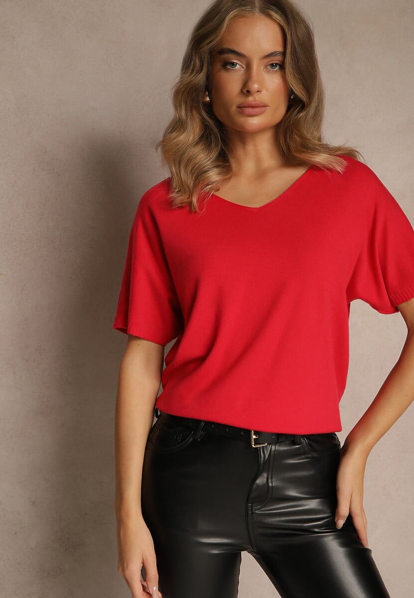 Czerwony T-shirt z Dzianiny z Dekoltem w Serek Fenalise 2