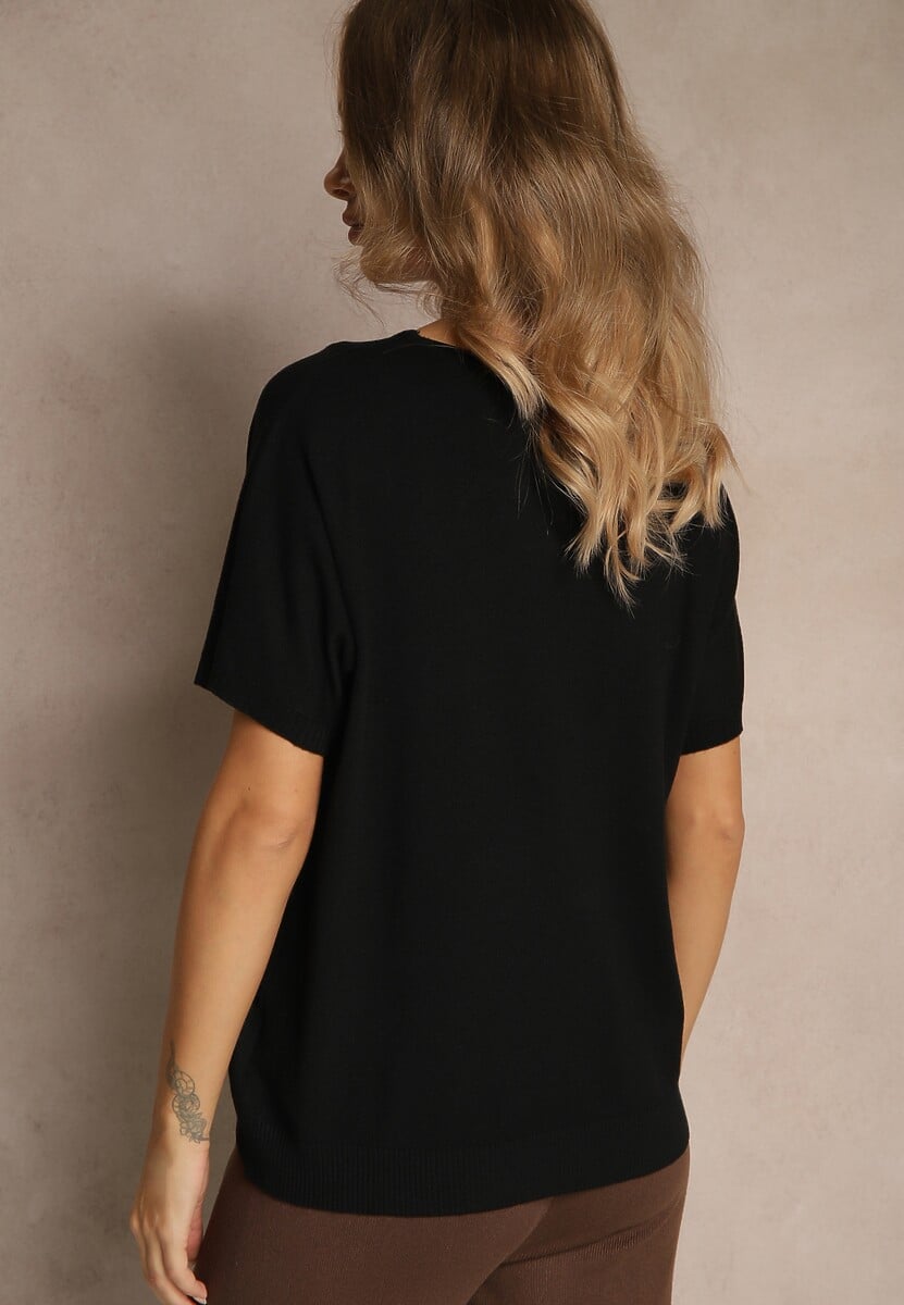 Czarny T-shirt z Dzianiny z Dekoltem w Serek Fenalise 3