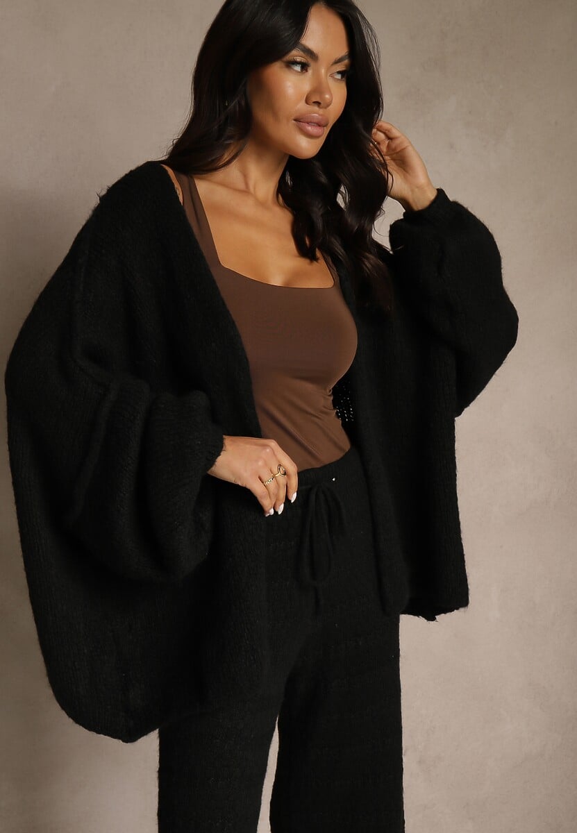 Czarny Niezapinany Kardigan Nietoperzowy z Dodatkiem Wełny i Wiskozy Rallidia 1