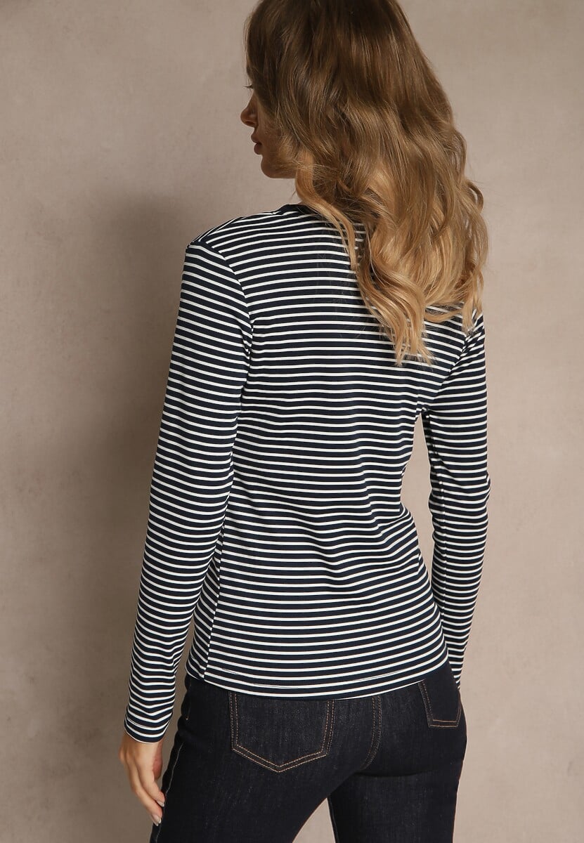 Granatowa Bluzka Longsleeve Ozdobiona Paskami i Cyrkoniami Ralenea 3