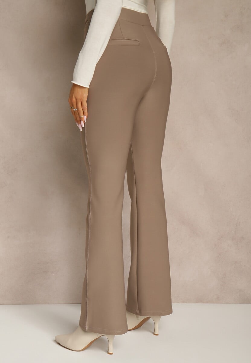 Beżowe Spodnie Dzwony High Waist w Eleganckim Stylu ze Sprzączką Tevanda 3