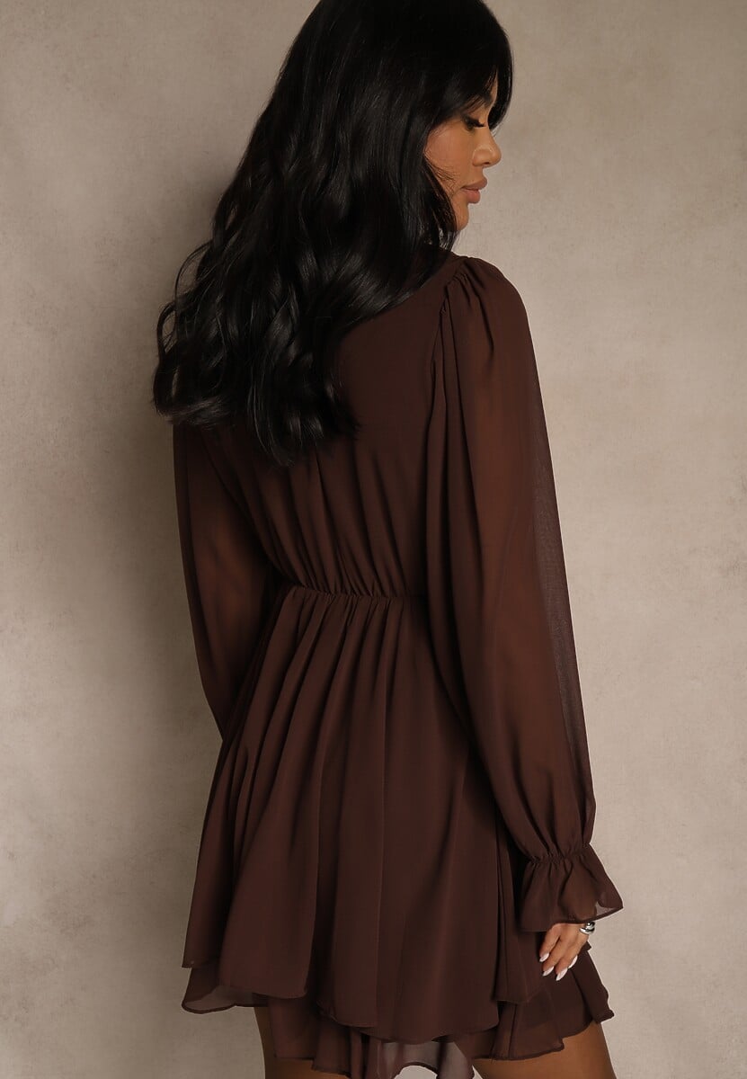 Ciemnobrązowa Siateczkowa Sukienka o Rozkloszowanym Fasonie z Falbankami Zenniria 3