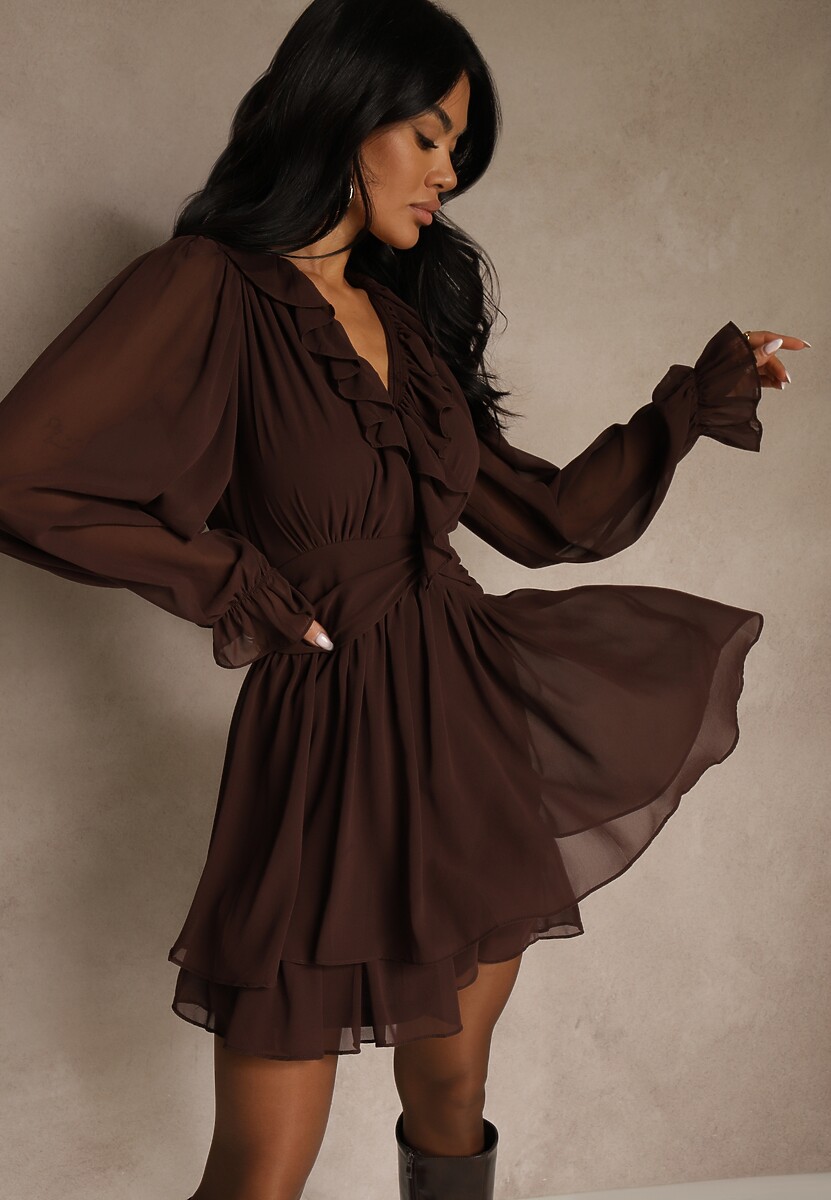 Ciemnobrązowa Siateczkowa Sukienka o Rozkloszowanym Fasonie z Falbankami Zenniria 1