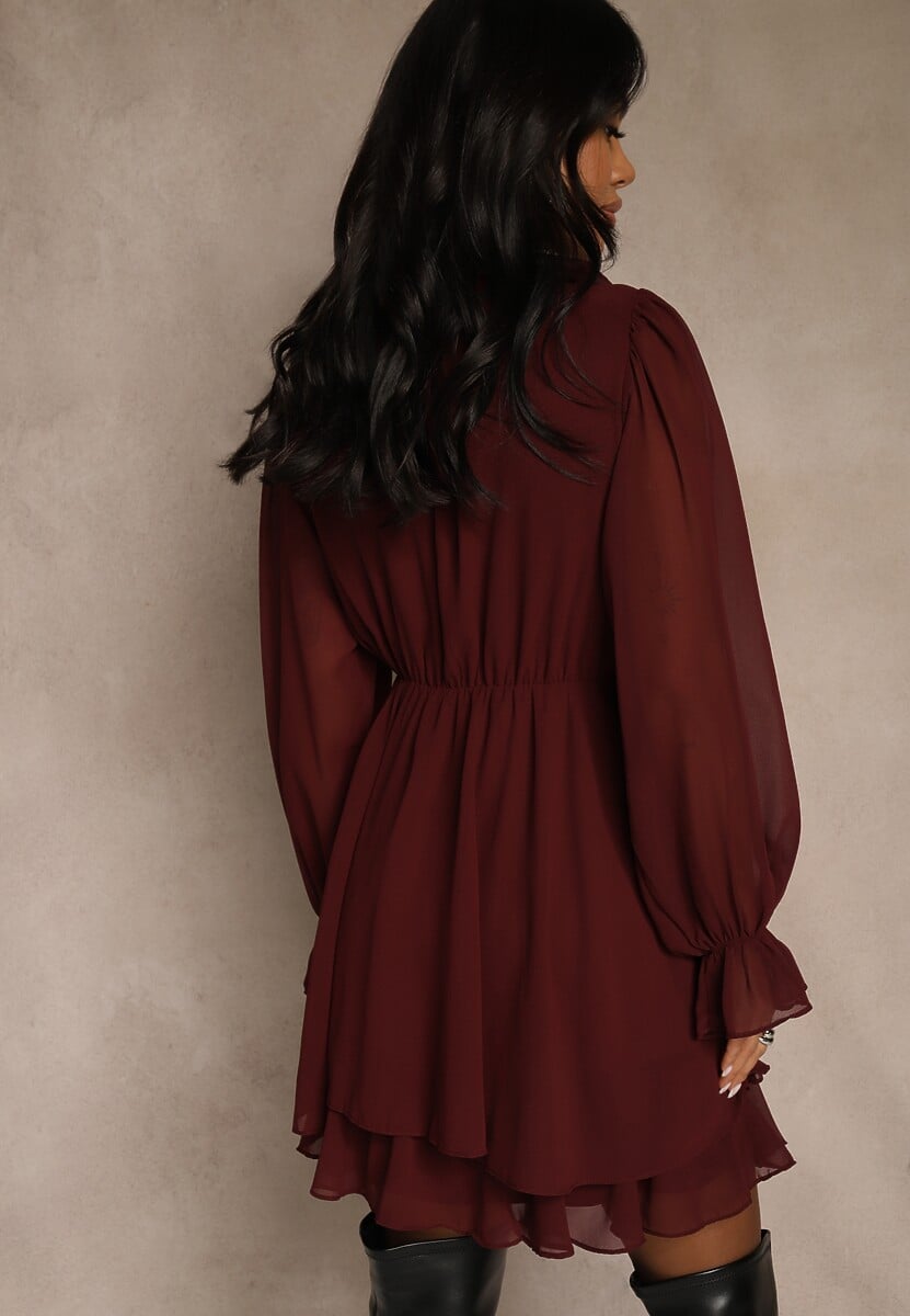 Bordowa Siateczkowa Sukienka o Rozkloszowanym Fasonie z Falbankami Zenniria 3