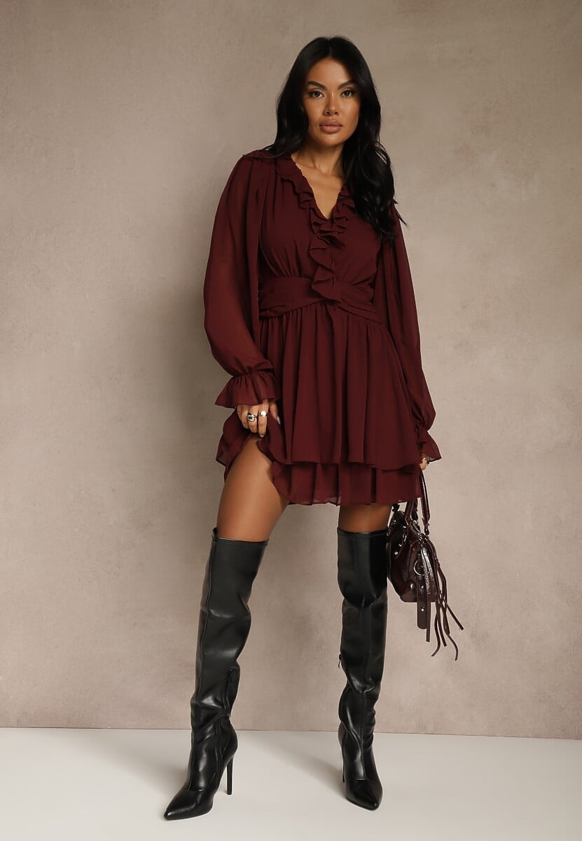 Bordowa Siateczkowa Sukienka o Rozkloszowanym Fasonie z Falbankami Zenniria 2