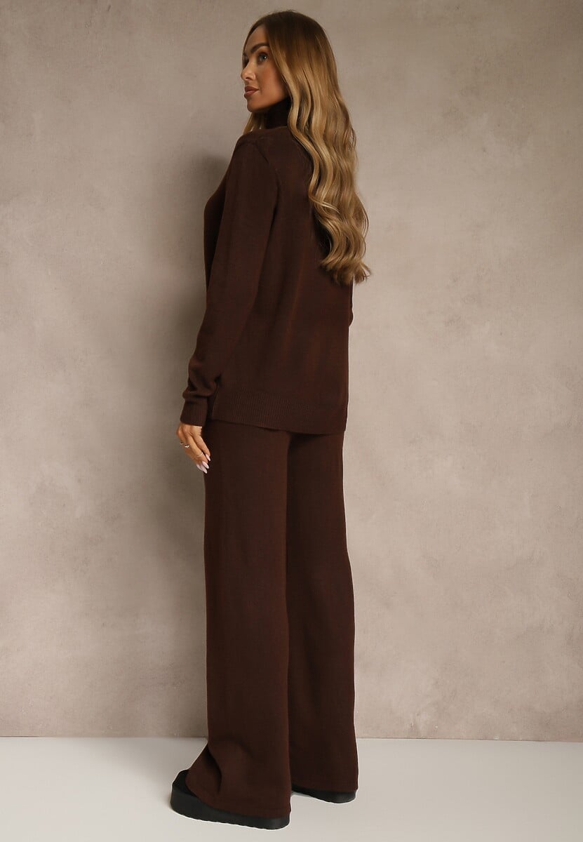 Brązowy Komplet Dzianinowy z Wełną i Bawełną Szerokie Spodnie i Golf Lennria 3