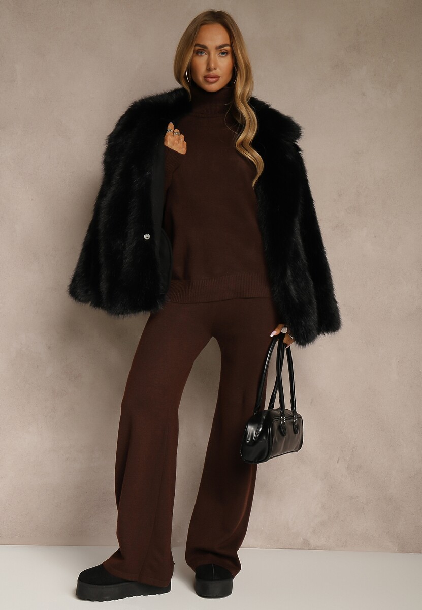 Brązowy Komplet Dzianinowy z Wełną i Bawełną Szerokie Spodnie i Golf Lennria 1