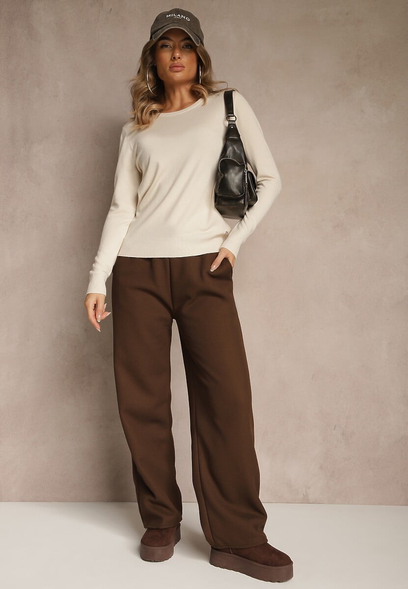 Beżowy Gładki Sweter w Minimalistycznym Stylu Tevra 2