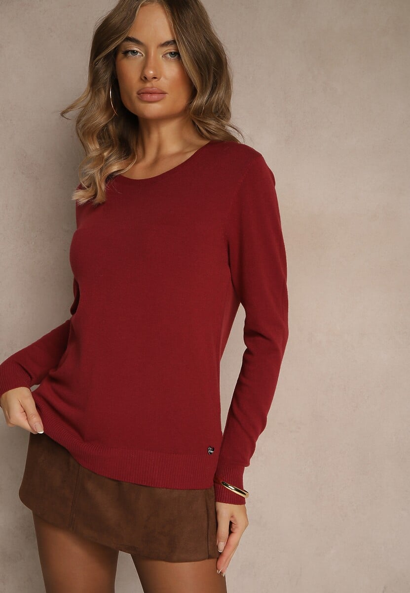 Bordowy Gładki Sweter w Minimalistycznym Stylu Tevra 1