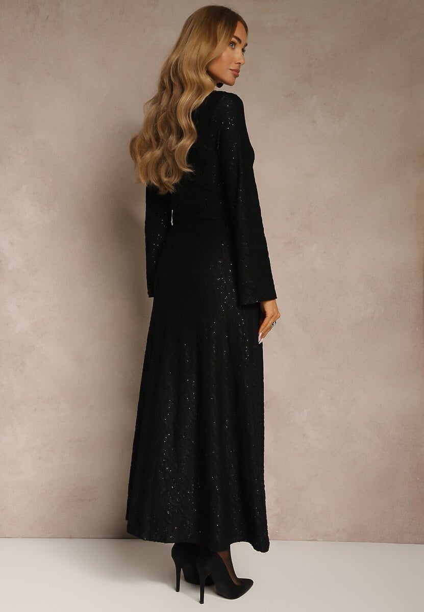 Czarna Rozkloszowana Sukienka Longsleeve w Zebrę Zdobiona Brokatem Mevilisa 3