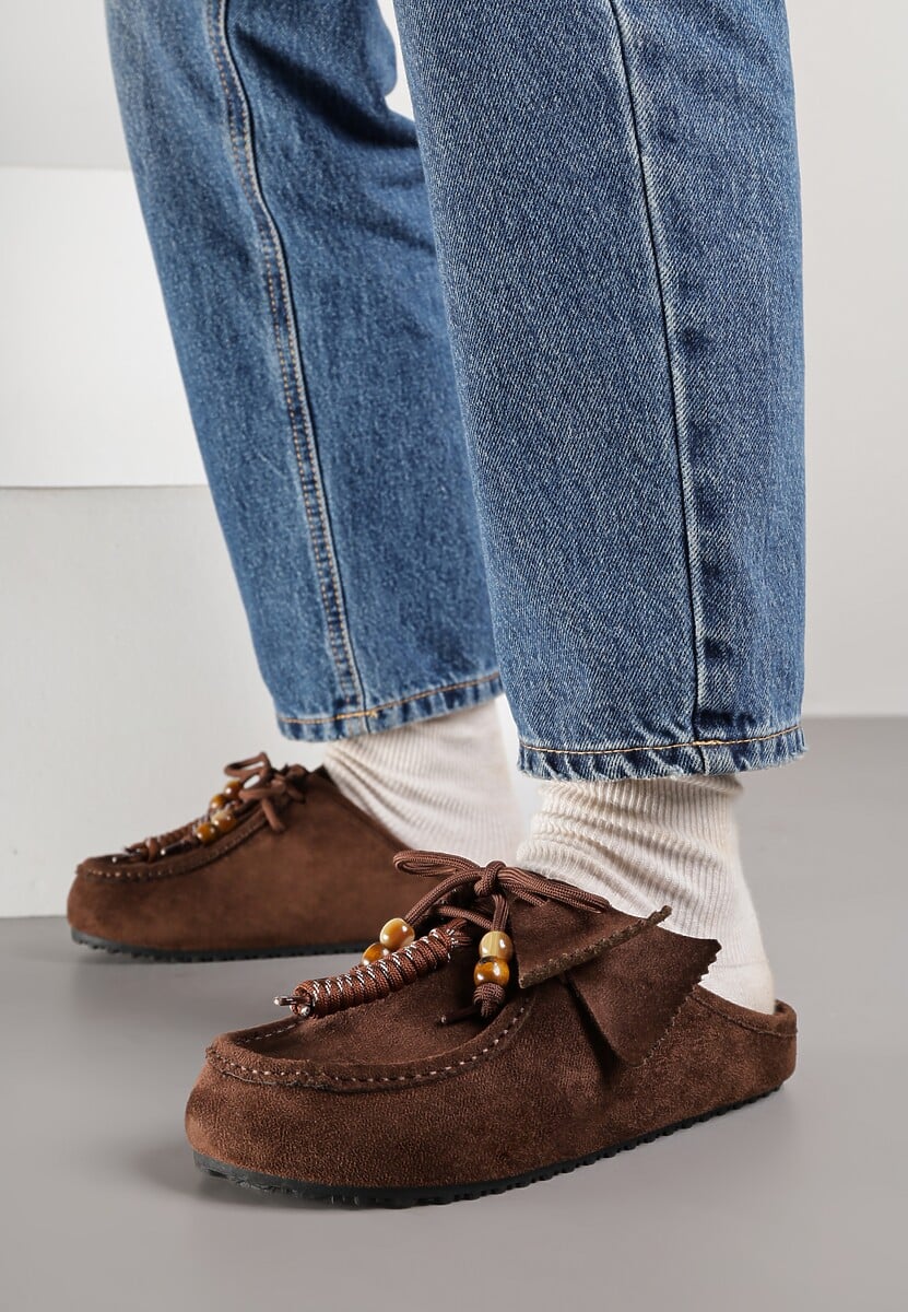 Bordowe Klapki Boat Shoes z Imitacji Zamszu z Kokardą i Koralikami Lodlia 2
