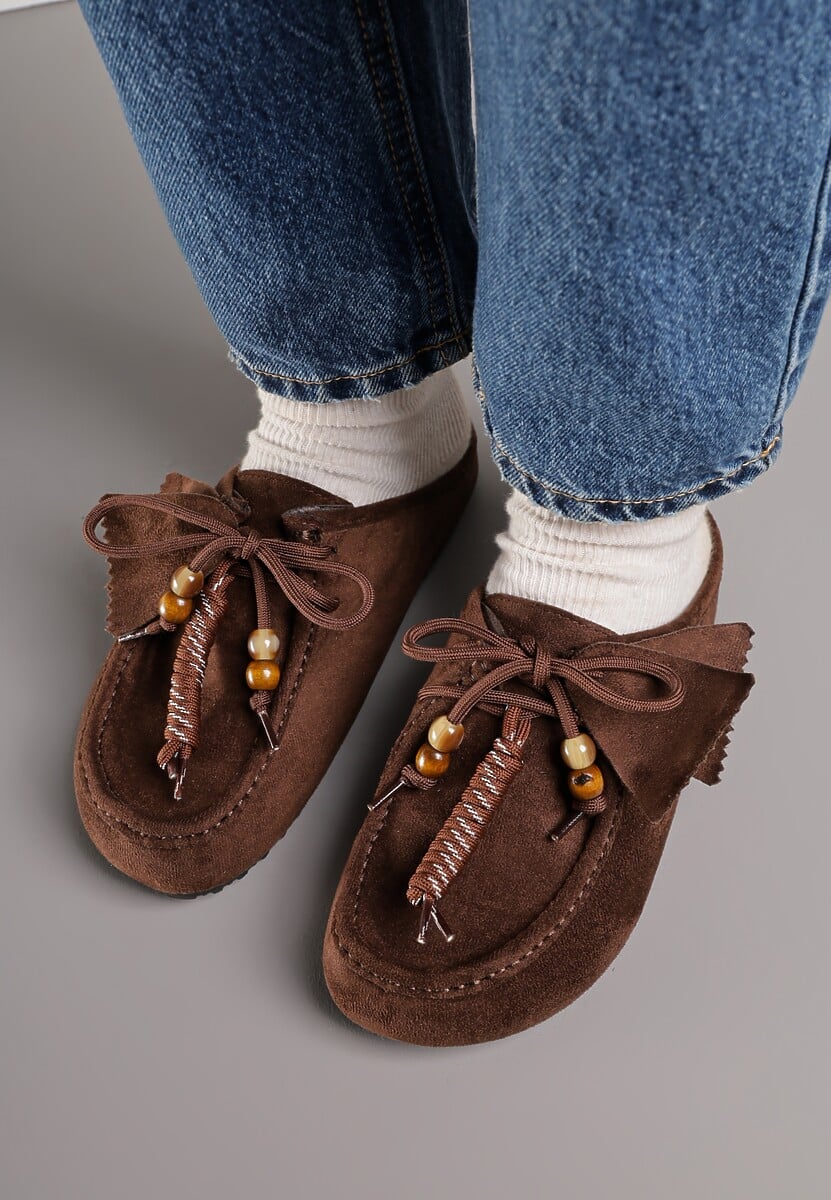 Bordowe Klapki Boat Shoes z Imitacji Zamszu z Kokardą i Koralikami Lodlia 3
