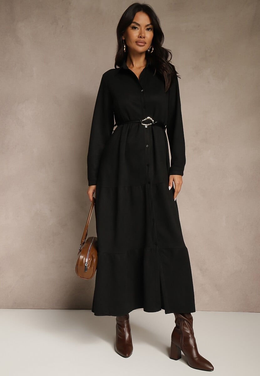 Czarna Sukienka Koszulowa z Wiskozy Ozdobiona Paskiem Retelsa 1