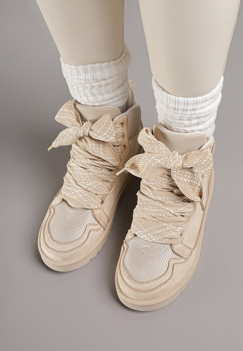 Beżowe Sneakersy Ozdobione Sznurówkami w Geometryczny Wzór Avoslia 3