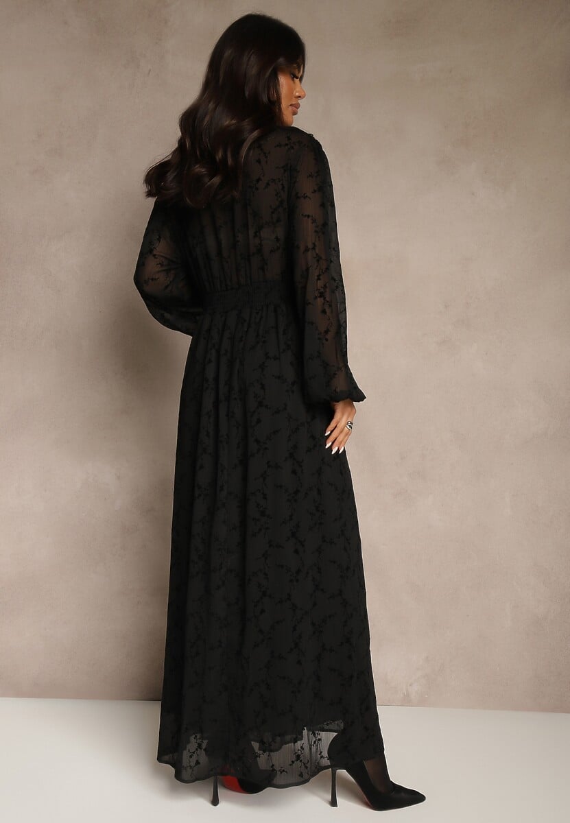 Czarna Rozkloszowana Sukienka z Siateczki w Kwiatowy Wzór Fezuna 3