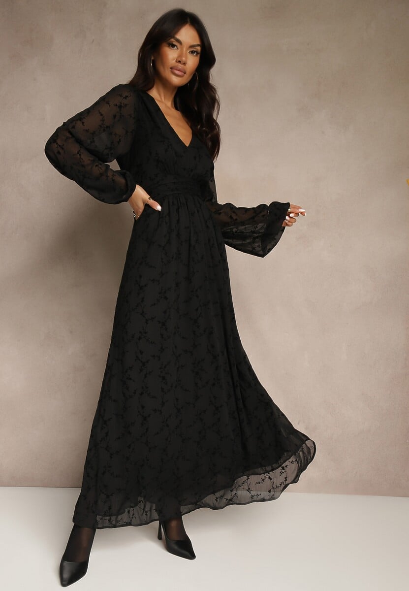 Czarna Rozkloszowana Sukienka z Siateczki w Kwiatowy Wzór Fezuna 1