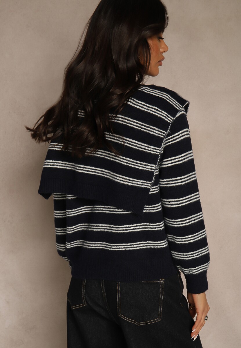 Granatowy Kardigan z Dodatkiem Wełny Zdobiony Wzorem w Paski i Narzutką Fedira 3