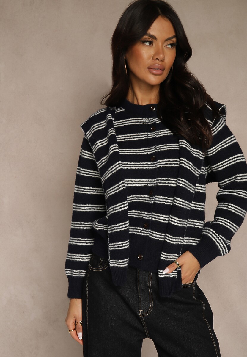 Granatowy Kardigan z Dodatkiem Wełny Zdobiony Wzorem w Paski i Narzutką Fedira 1