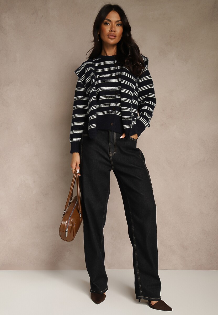 Granatowy Kardigan z Dodatkiem Wełny Zdobiony Wzorem w Paski i Narzutką Fedira 2