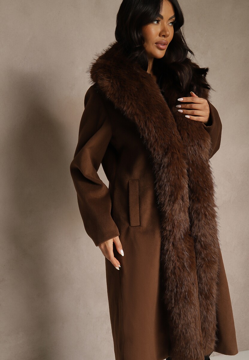 Brązowy Płaszcz z Odpinanym Futerkiem Lillvana 1