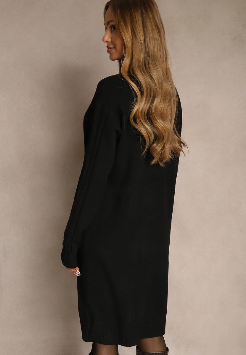 Czarna Sukienka Sweterkowa z Golfem Wełną  Bawełną i Ozdobnym Splotem Reilenea 3