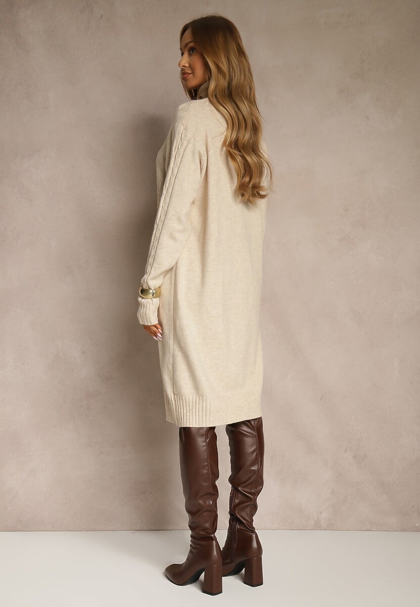 Jasnobeżowa Sukienka Sweterkowa z Golfem Wełną  Bawełną i Ozdobnym Splotem Reilenea 3
