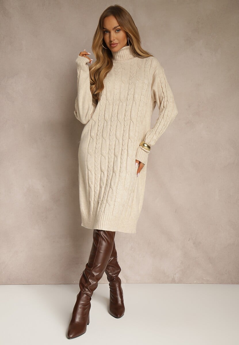 Jasnobeżowa Sukienka Sweterkowa z Golfem Wełną  Bawełną i Ozdobnym Splotem Reilenea 2