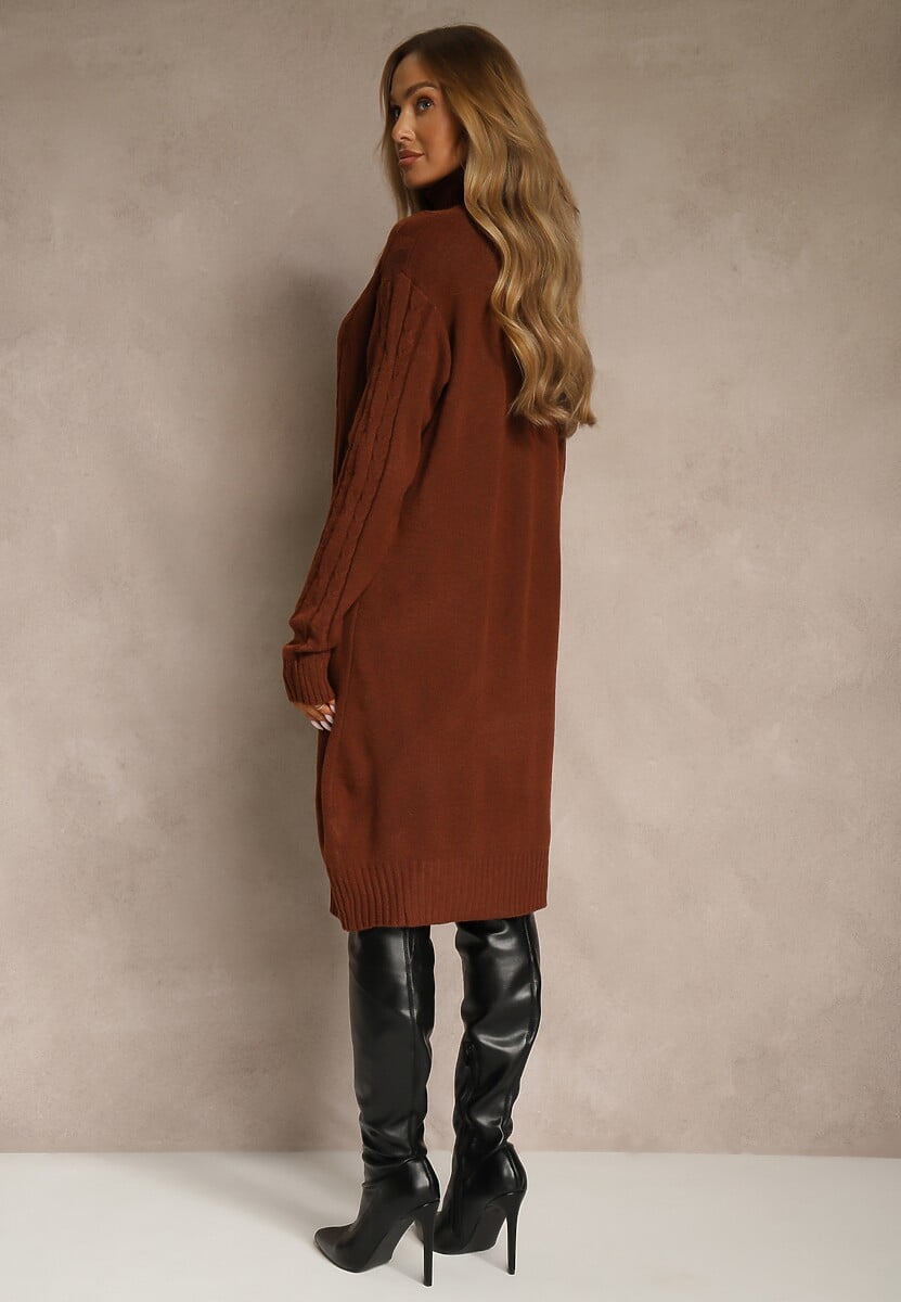 Jasnobrązowa Sukienka Sweterkowa z Golfem Wełną  Bawełną i Ozdobnym Splotem Reilenea 3