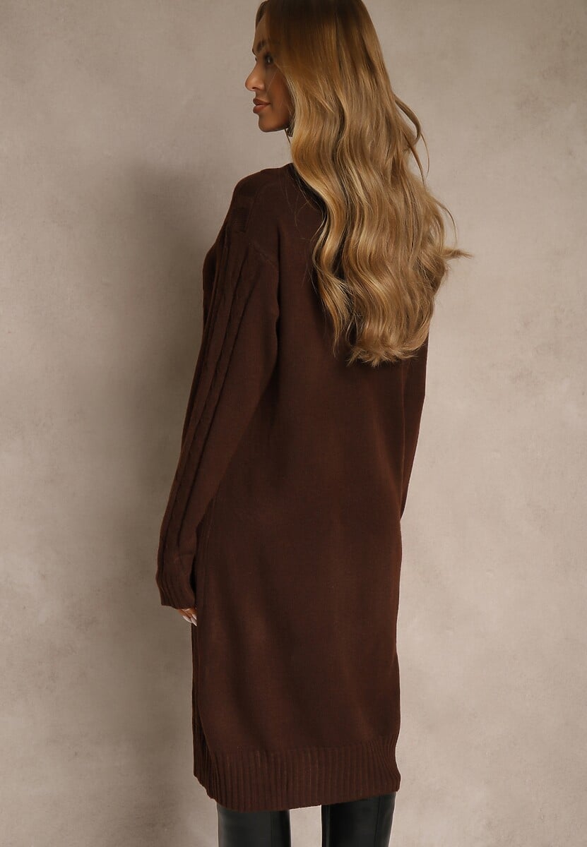 Brązowa Sukienka Sweterkowa z Golfem Wełną  Bawełną i Ozdobnym Splotem Reilenea 3