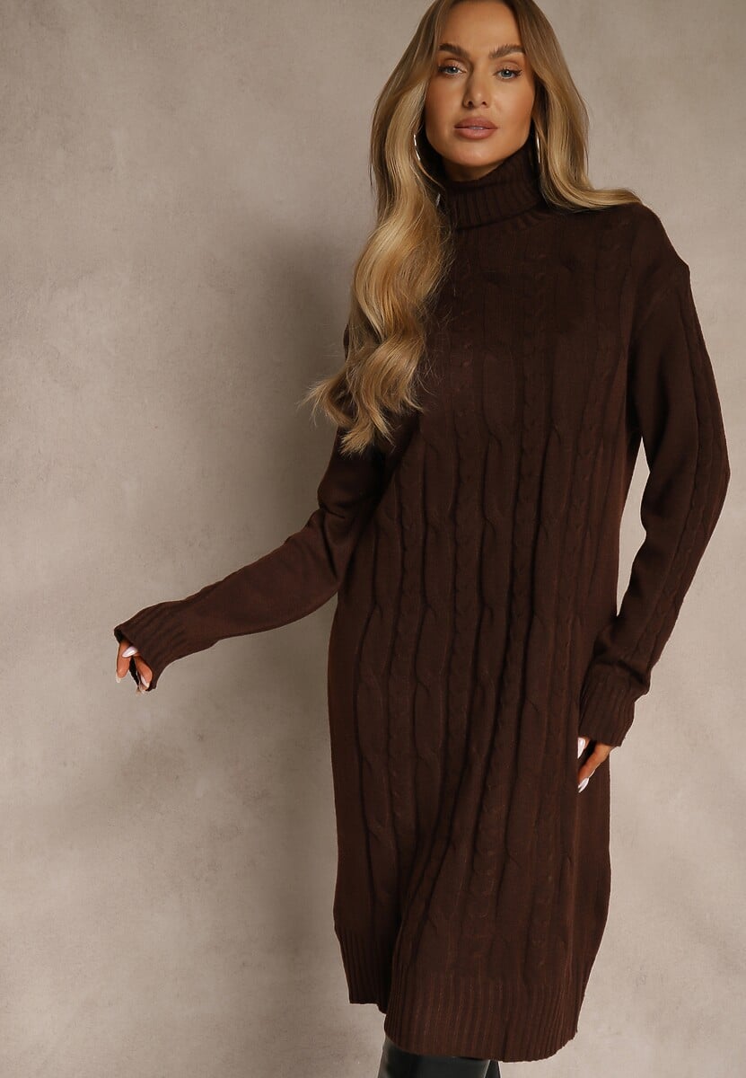 Brązowa Sukienka Sweterkowa z Golfem Wełną  Bawełną i Ozdobnym Splotem Reilenea 1