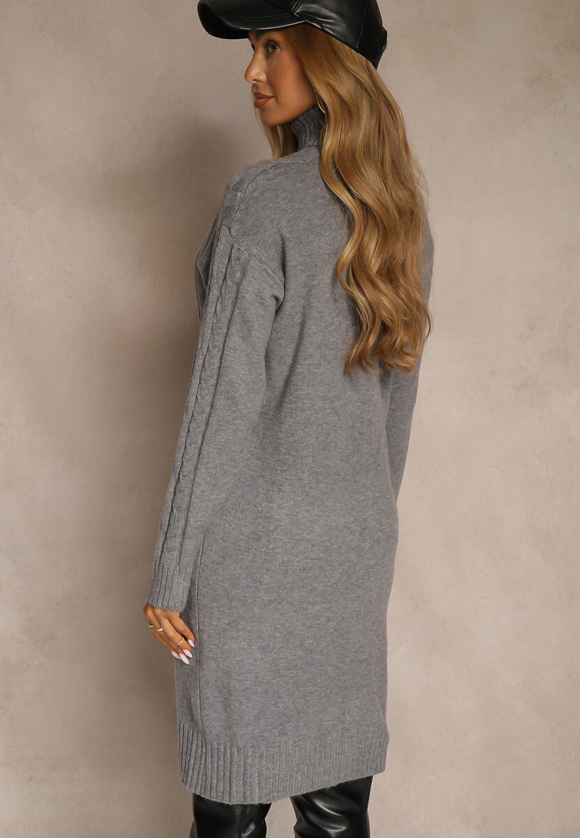 Szara Sukienka Sweterkowa z Golfem Wełną  Bawełną i Ozdobnym Splotem Reilenea 3