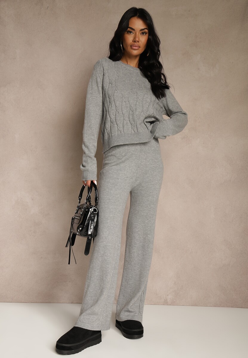Szary Dzianinowy Komplet z Wełną Spodnie Wide Leg i Sweter Cropped Nezera 2
