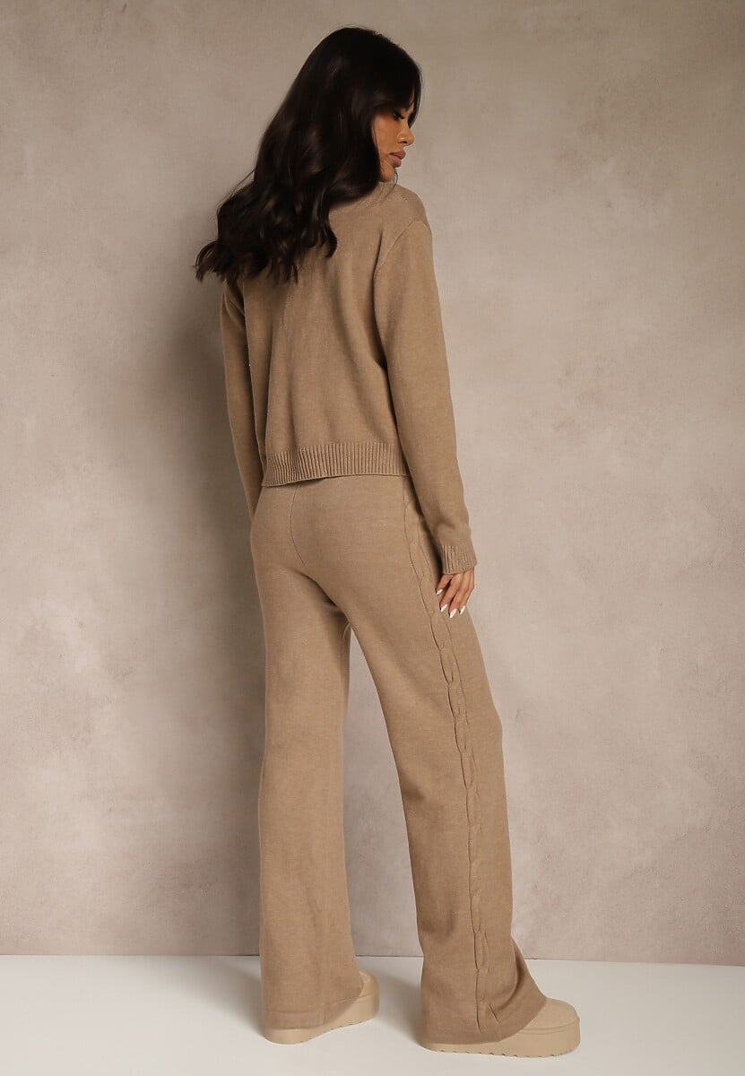 Ciemnobeżowy Dzianinowy Komplet z Wełną Spodnie Wide Leg i Sweter Cropped Nezera 3