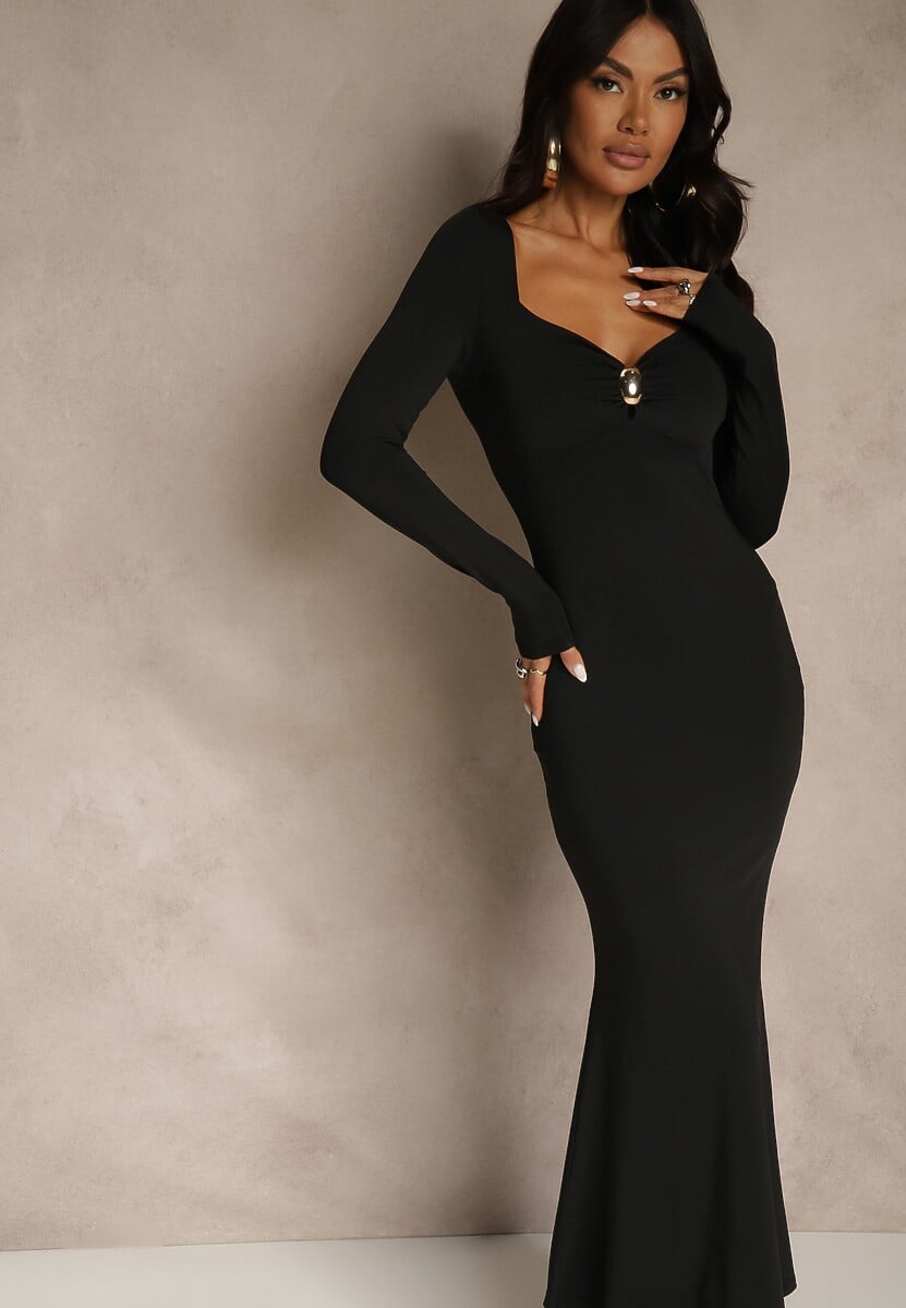 Czarna Sukienka Koktajlowa z Wiskozą i Metaliczną Klamrą przy Dekolcie Refire 1