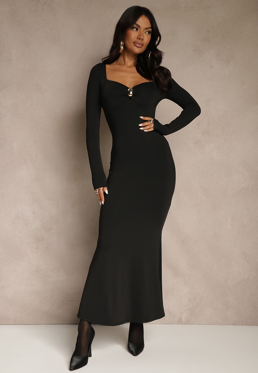 Czarna Sukienka Koktajlowa z Wiskozą i Metaliczną Klamrą przy Dekolcie Refire 2