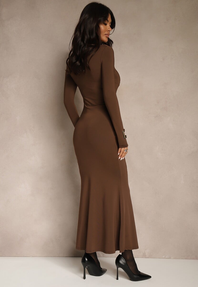 Brązowa Sukienka Koktajlowa z Wiskozą i Metaliczną Klamrą przy Dekolcie Refire 3