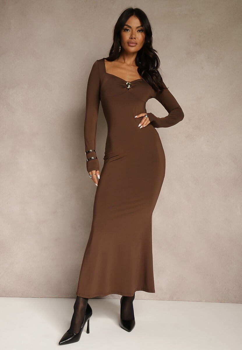 Brązowa Sukienka Koktajlowa z Wiskozą i Metaliczną Klamrą przy Dekolcie Refire 1