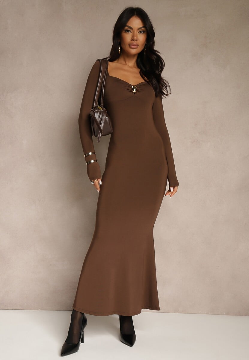Brązowa Sukienka Koktajlowa z Wiskozą i Metaliczną Klamrą przy Dekolcie Refire 2