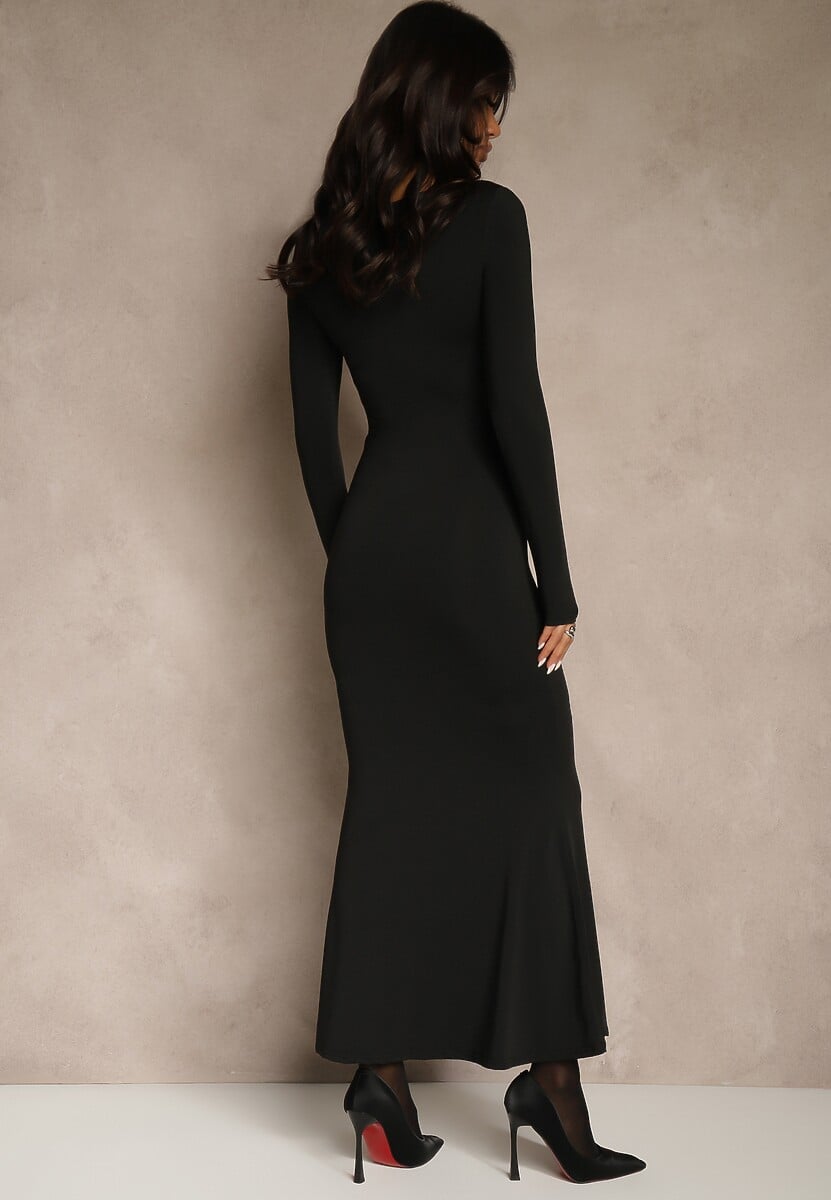 Czarna Sukienka Koktajlowa z Wiskozą Ozdobiona Metaliczną Aplikacją Refane 3