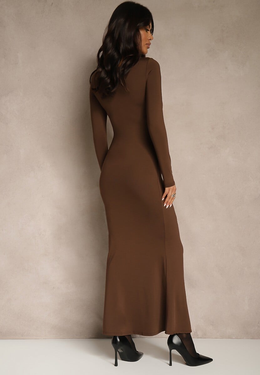 Brązowa Sukienka Koktajlowa z Wiskozą Ozdobiona Metaliczną Aplikacją Refane 3