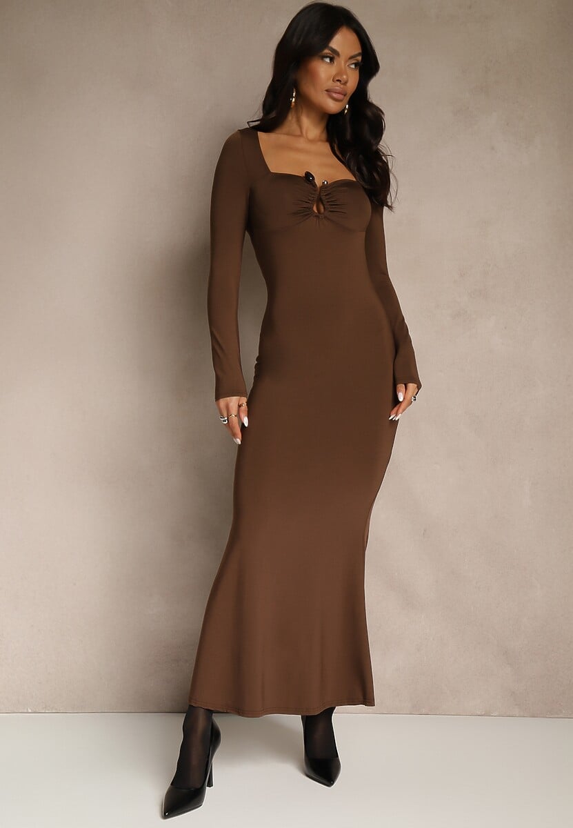 Brązowa Sukienka Koktajlowa z Wiskozą Ozdobiona Metaliczną Aplikacją Refane 1