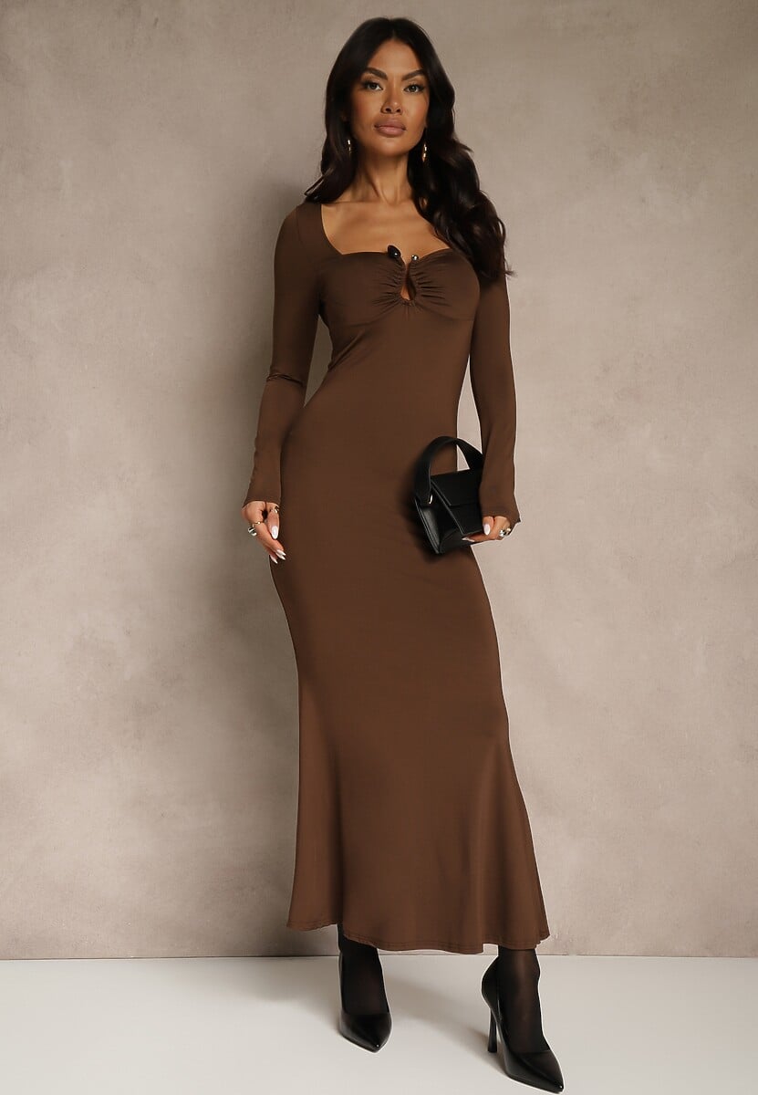 Brązowa Sukienka Koktajlowa z Wiskozą Ozdobiona Metaliczną Aplikacją Refane 2