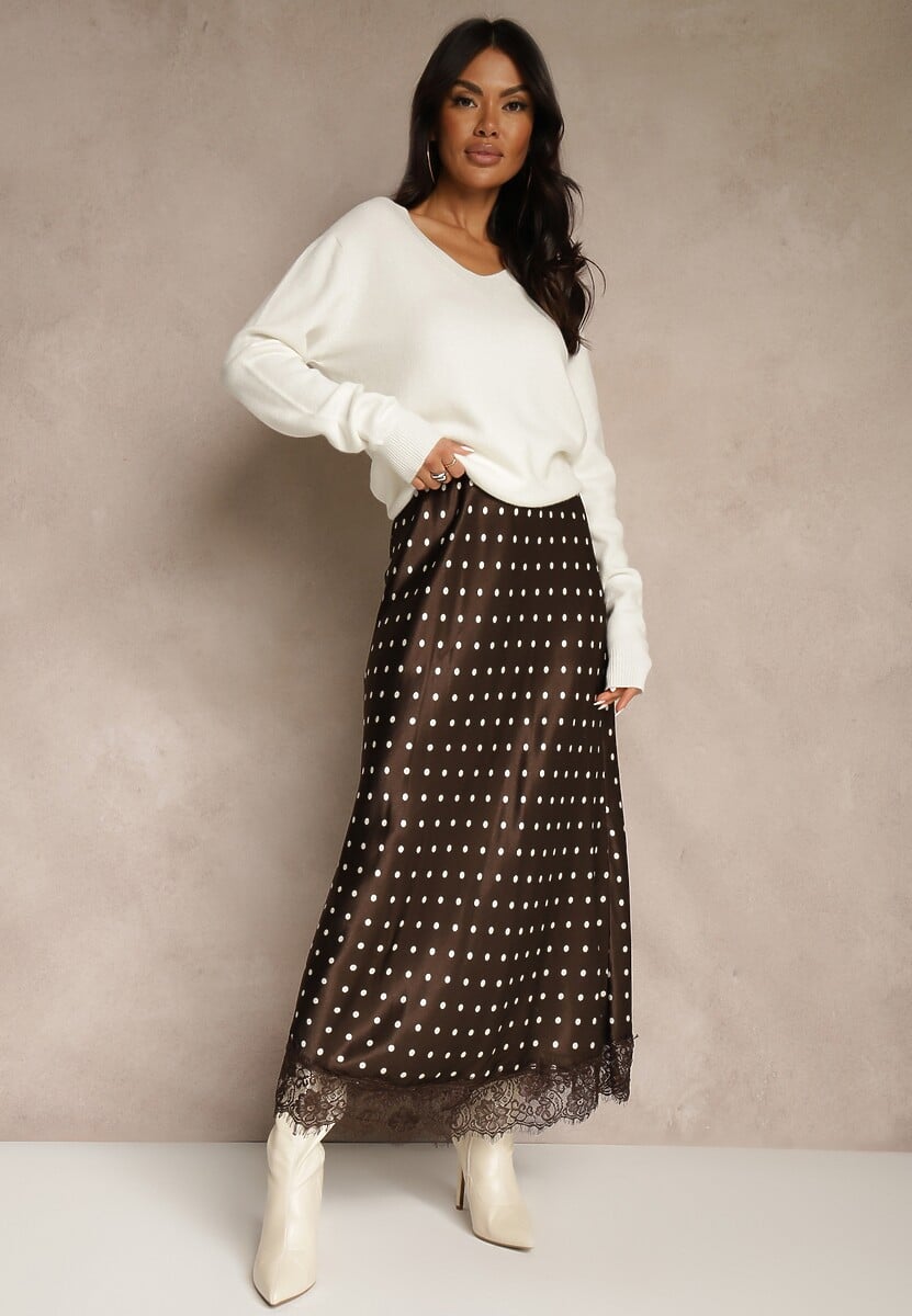 Brązowa Spódnica z Wiskozy High Waist Ozdobiona Kropkami i Koronką Monivia 2